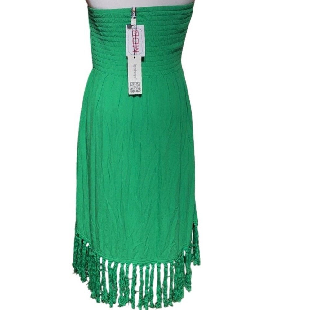 MDB Ieshop Green Strapless Boho Midi Dress Tassel Fringe Hem Smocked Back NEW - Picture 2 of 3